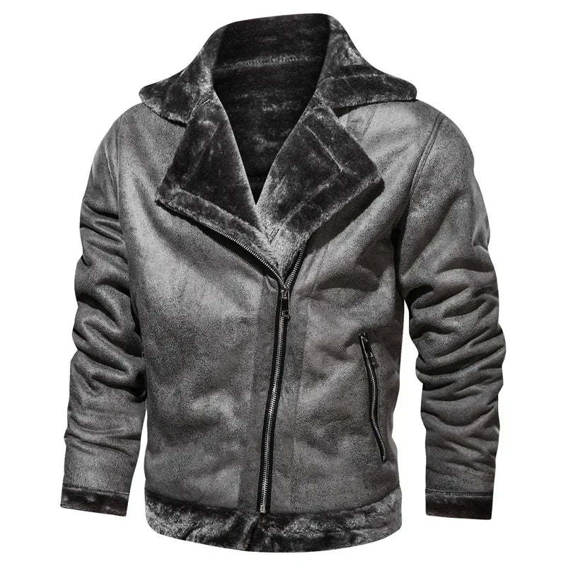 Men Jackets- Men's Vintage Sherpa-Lined Leather Jacket- - Chuzko Women Clothing