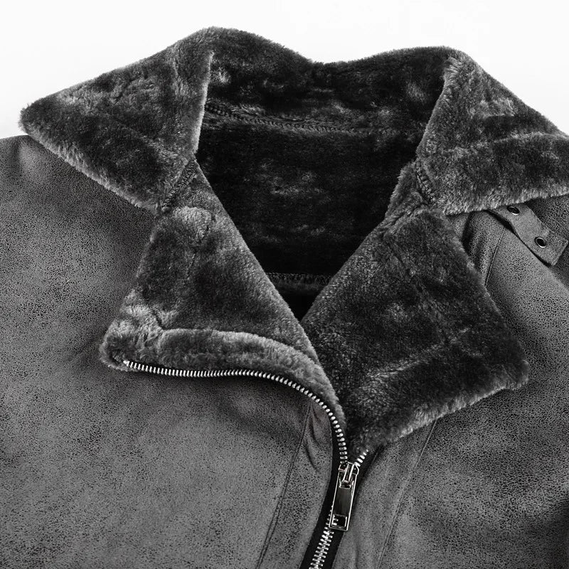 Men Jackets- Men's Vintage Sherpa-Lined Leather Jacket- - Chuzko Women Clothing