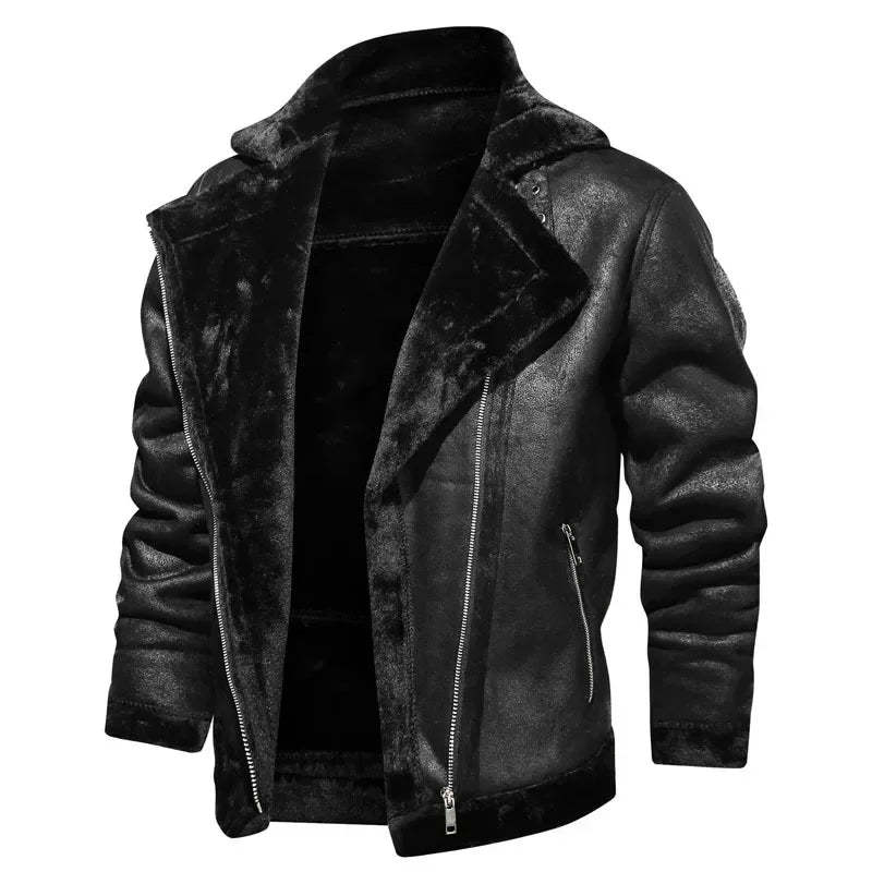 Men Jackets- Men's Vintage Sherpa-Lined Leather Jacket- - Chuzko Women Clothing