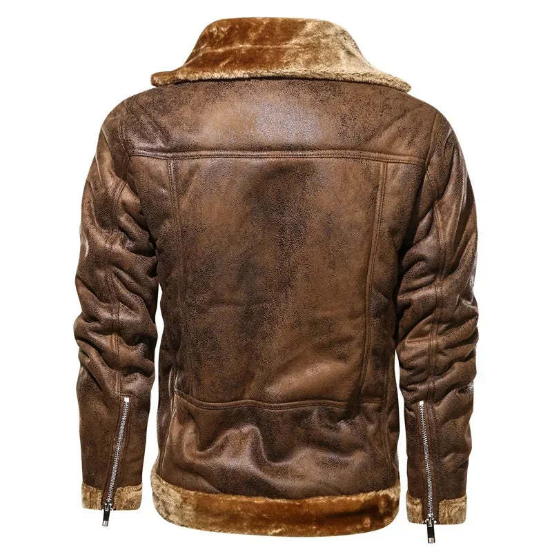 Men Jackets- Men's Vintage Sherpa-Lined Leather Jacket- - Chuzko Women Clothing