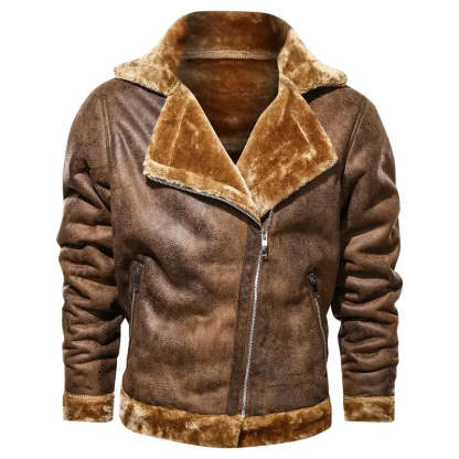 Men Jackets- Men's Vintage Sherpa-Lined Leather Jacket- - Chuzko Women Clothing