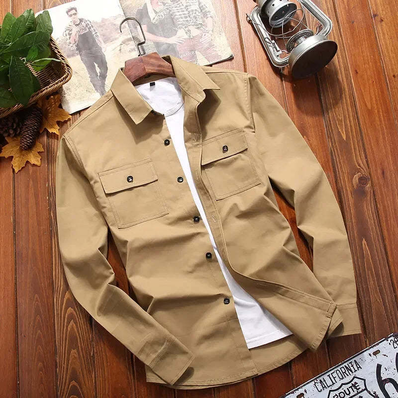 Men Shirts- Adventure Long Sleeve Shirt for Men in Cotton Blend- Khaki- Chuzko Women Clothing