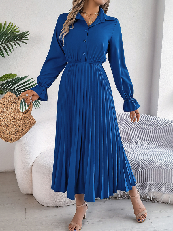 Midi Dress- Shirt Pleated Midi Dress with Poe Sleeves Church Ready