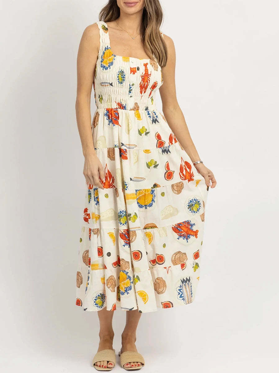 Midi Dresses- Colorful Seafood Print Midi Dress for Women- - Chuzko Women Clothing