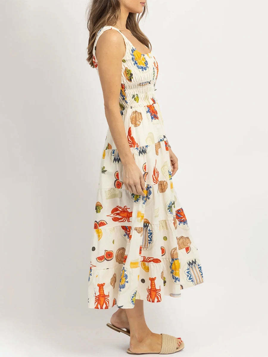 Midi Dresses- Colorful Seafood Print Midi Dress for Women- - Chuzko Women Clothing