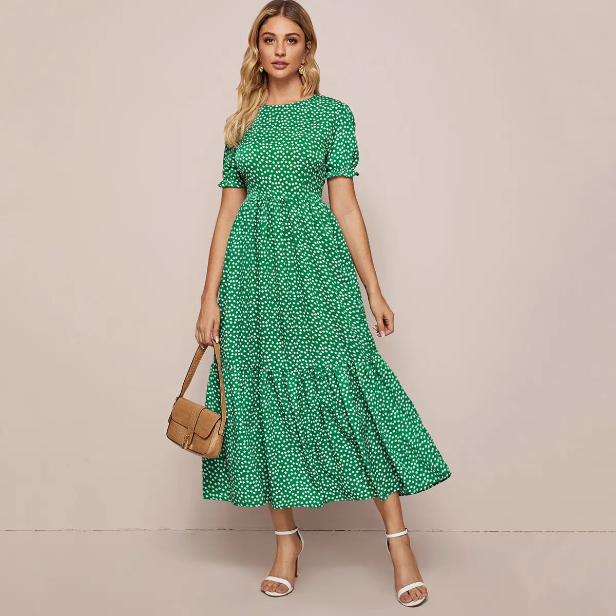 Midi Dresses- Polka Dot Must-Have Green Midi Dress for Women- - Chuzko Women Clothing