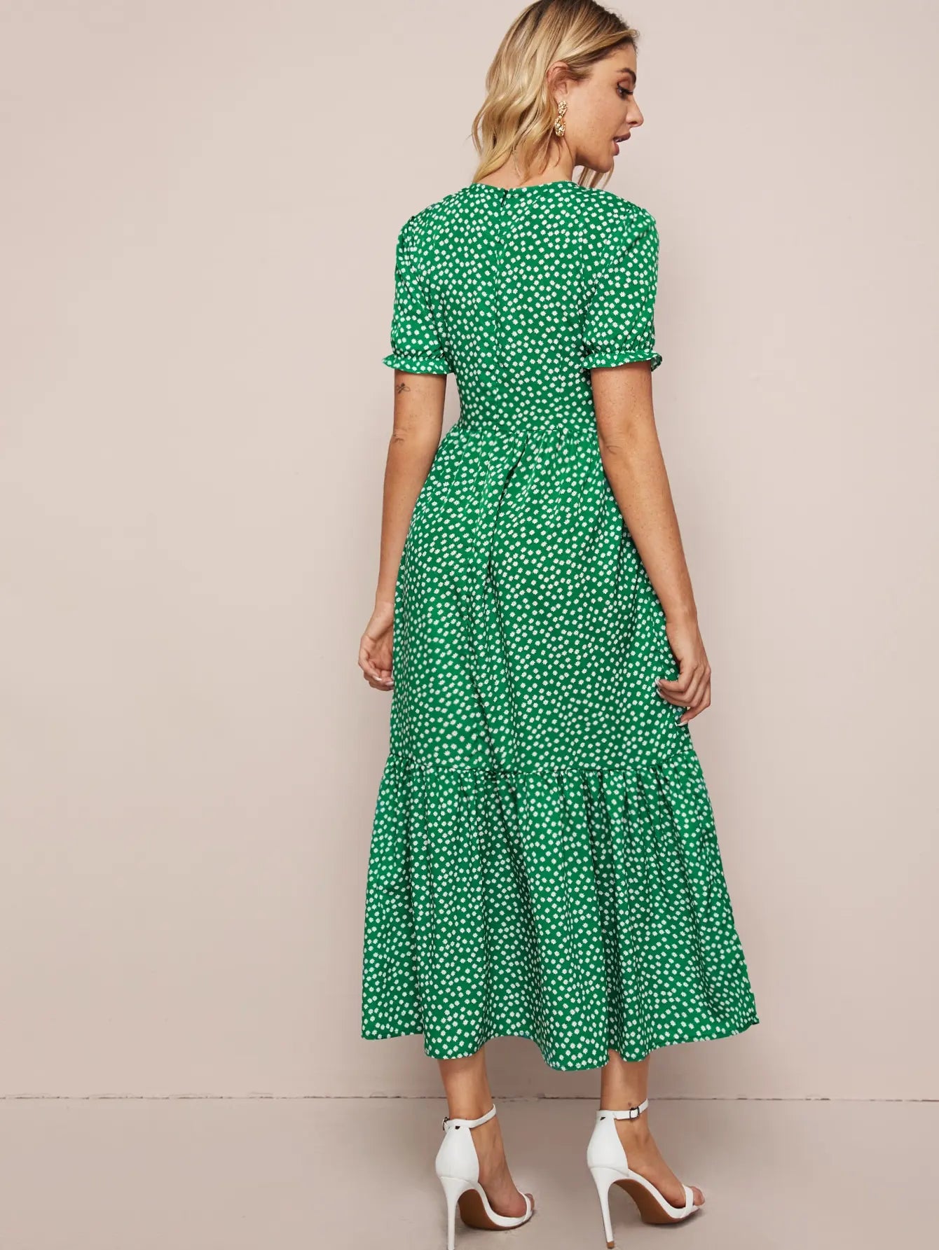 Midi Dresses- Polka Dot Must-Have Green Midi Dress for Women- - Chuzko Women Clothing