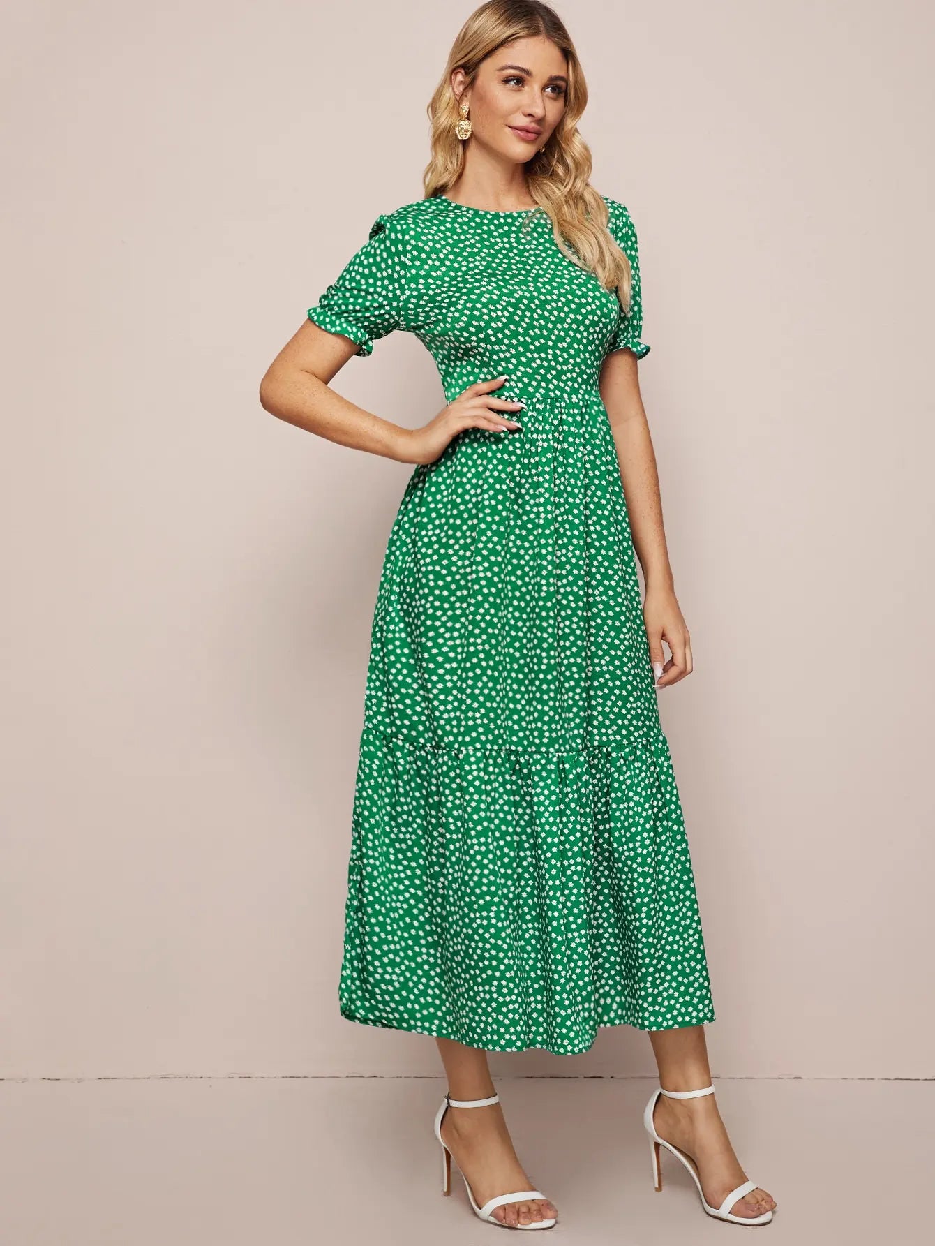 Midi Dresses- Polka Dot Must-Have Green Midi Dress for Women- - Chuzko Women Clothing