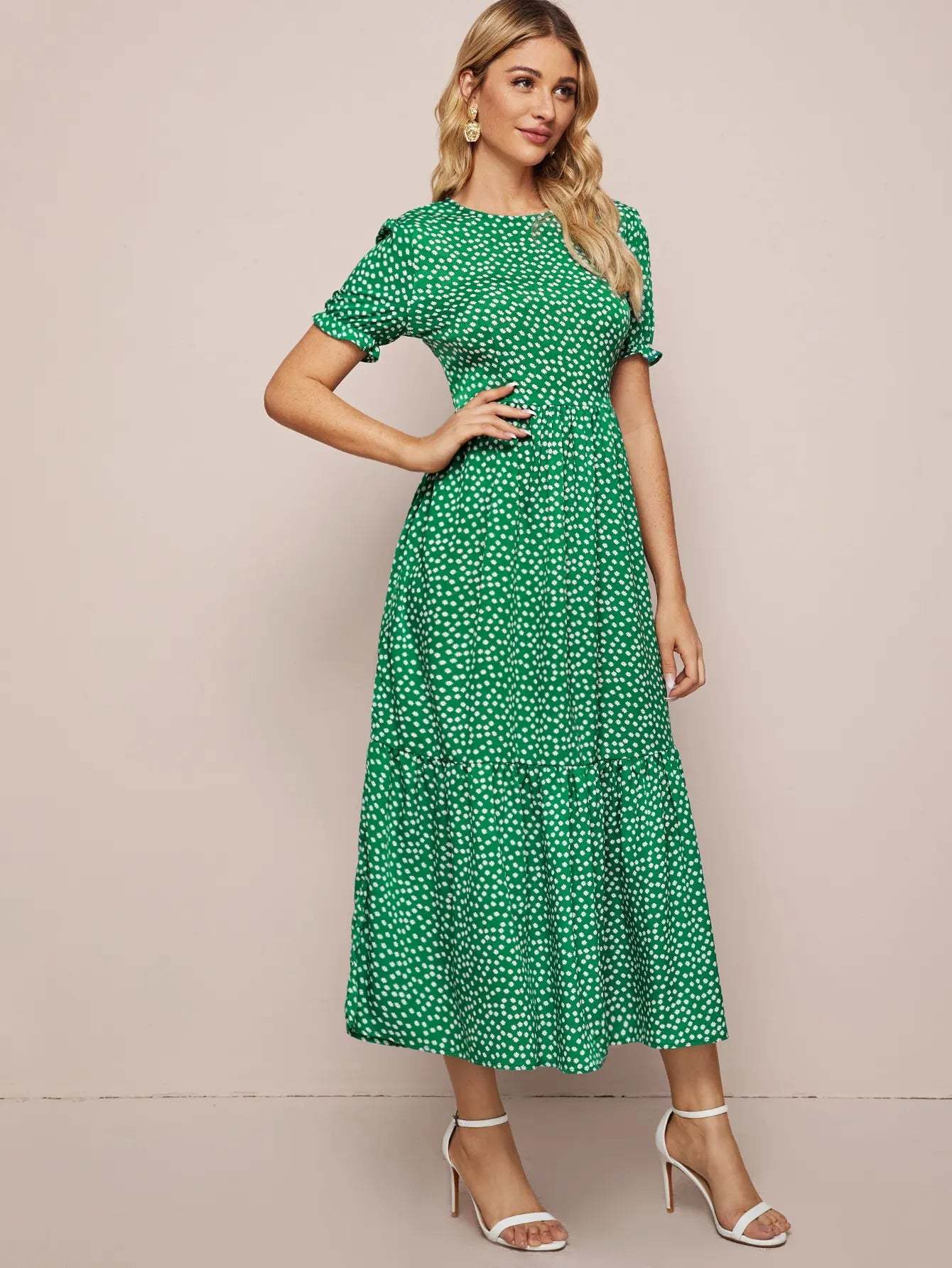 Midi Dresses- Polka Dot Must-Have Green Midi Dress for Women- - Chuzko Women Clothing