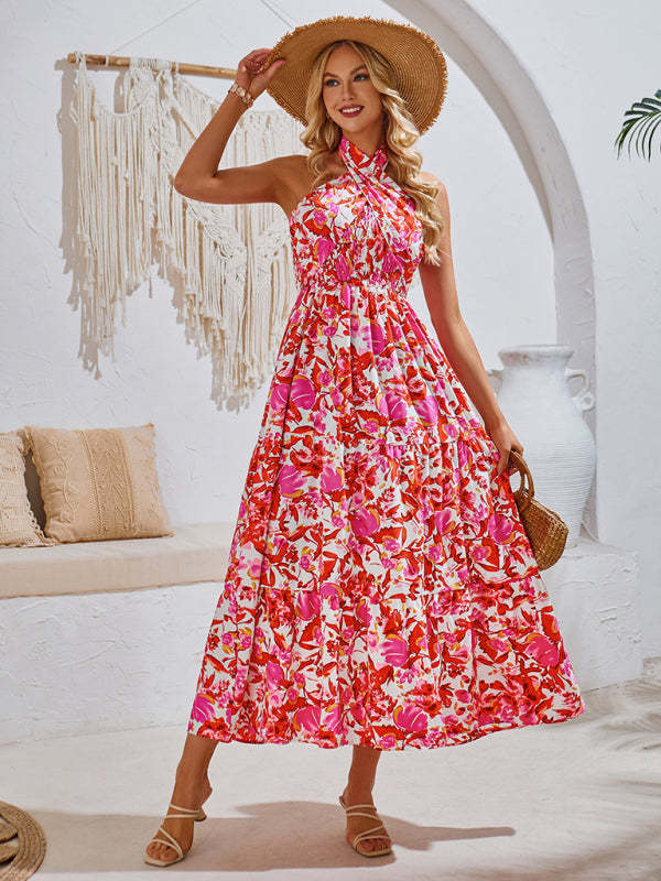 Midi Dresses- Women's A-Line Smocked Halter Dress in Florals- Red- Chuzko Women Clothing