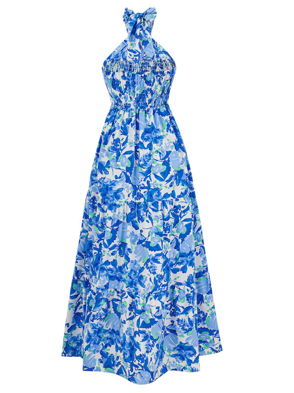 Midi Dresses- Women's A-Line Smocked Halter Dress in Florals- - Chuzko Women Clothing