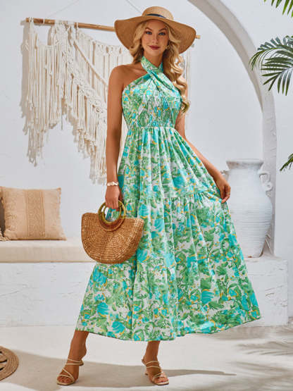 Midi Dresses- Women's A-Line Smocked Halter Dress in Florals- Green- Chuzko Women Clothing