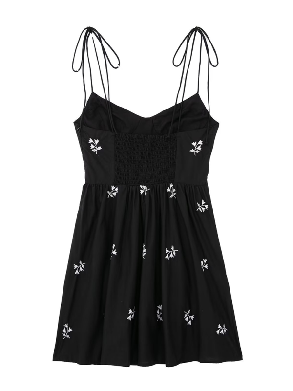 Mini Dresses - Embroidered Black Mini Dress for Outdoor Events