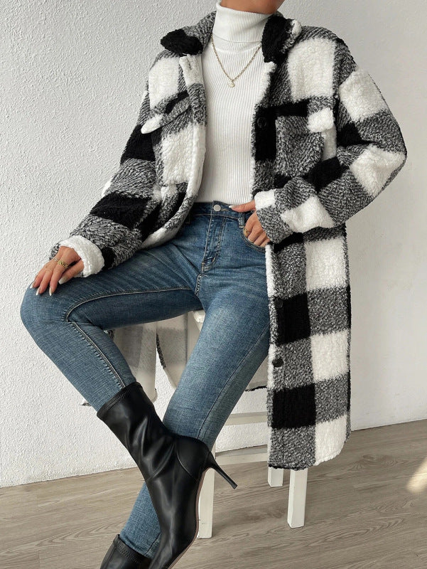 Plush Plaid Longline Shirt Coat Plush Coats - Chuzko Women Clothing