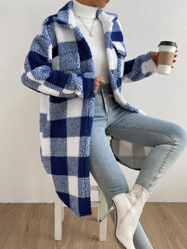 Plush Plaid Longline Shirt Coat Plush Coats - Chuzko Women Clothing