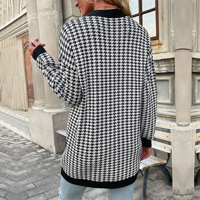 Houndstooth Button Down Cardigan: Loose Fit,  Drop Shoulders, Pockets Cardigans - Chuzko Women Clothing