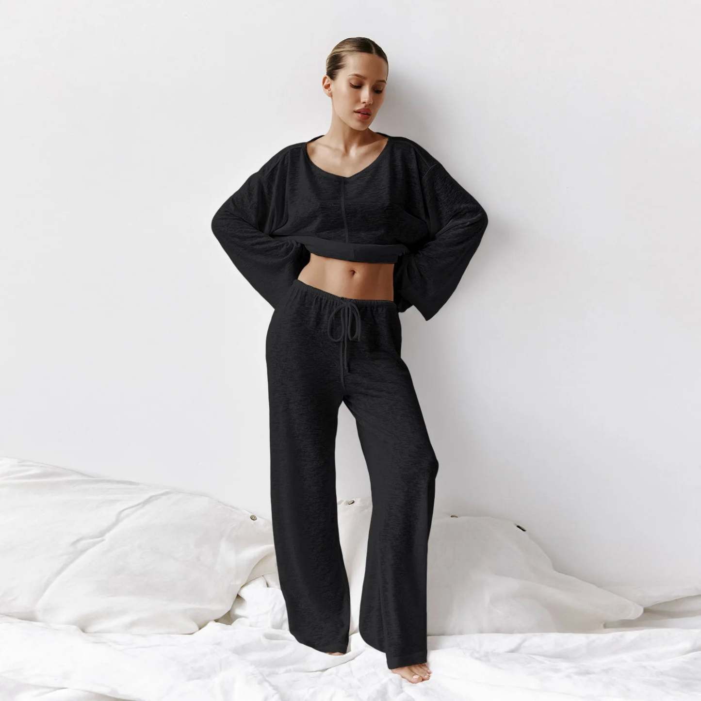 Pajamas- All-Season Pants Set Loungewear with Top for Women- - Chuzko Women Clothing