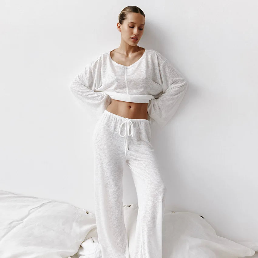 Pajamas- All-Season Pants Set Loungewear with Top for Women- White- Chuzko Women Clothing