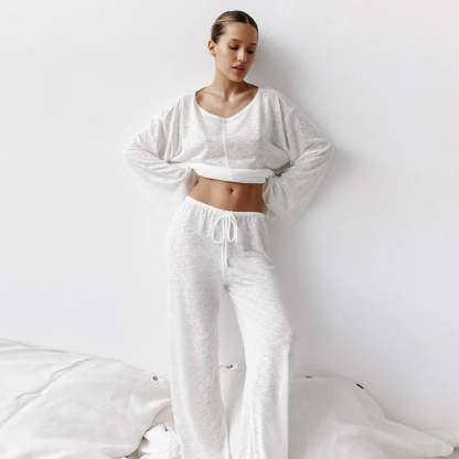 Pajamas- All-Season Pants Set Loungewear with Top for Women- White- Chuzko Women Clothing