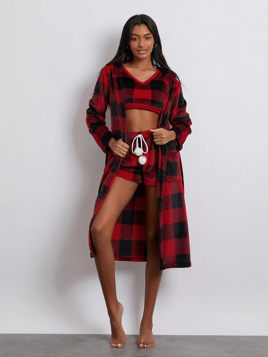 Pajamas- Women 3-Piece Buffalo Plaid Lounge Pajama Set with Robe- - Chuzko Women Clothing