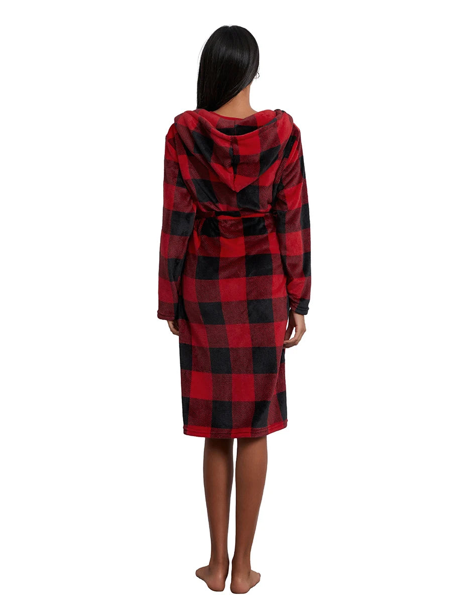 Pajamas- Women 3-Piece Buffalo Plaid Lounge Pajama Set with Robe- - Chuzko Women Clothing