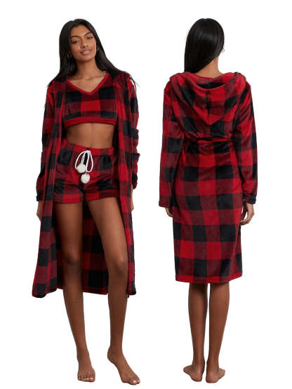 Pajamas- Women 3-Piece Buffalo Plaid Lounge Pajama Set with Robe- - Chuzko Women Clothing