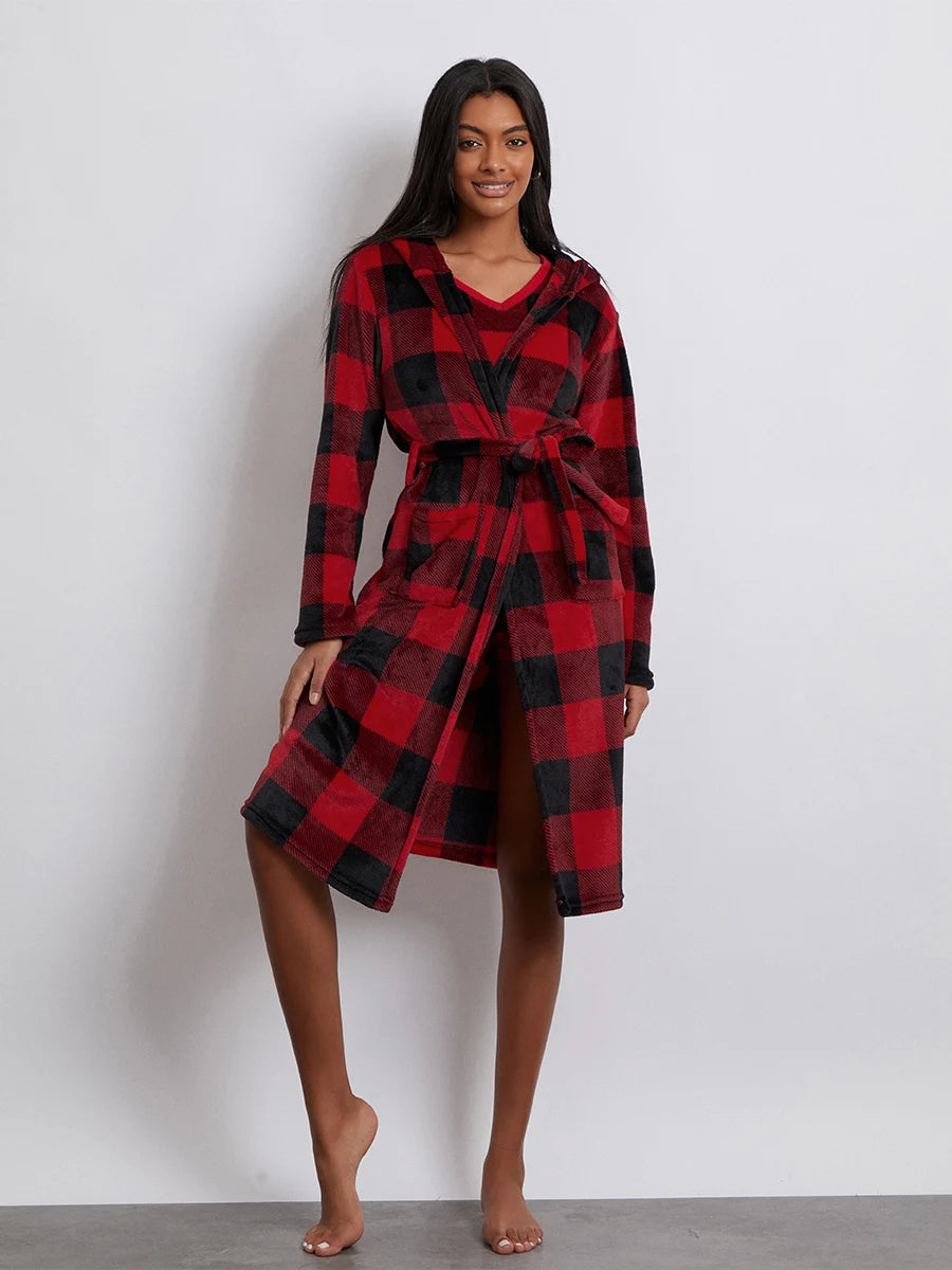 Pajamas- Women 3-Piece Buffalo Plaid Lounge Pajama Set with Robe- - Chuzko Women Clothing