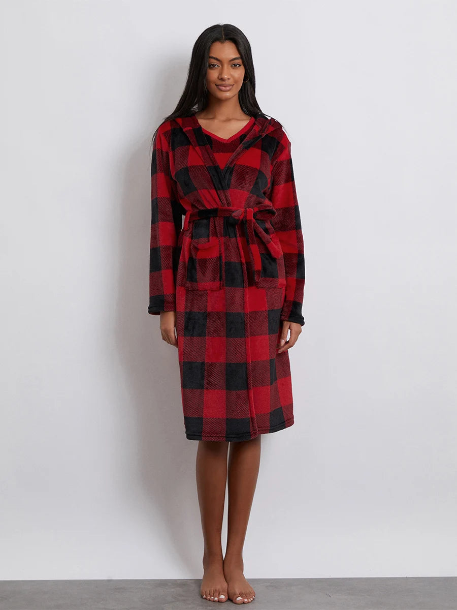 Pajamas- Women 3-Piece Buffalo Plaid Lounge Pajama Set with Robe- - Chuzko Women Clothing