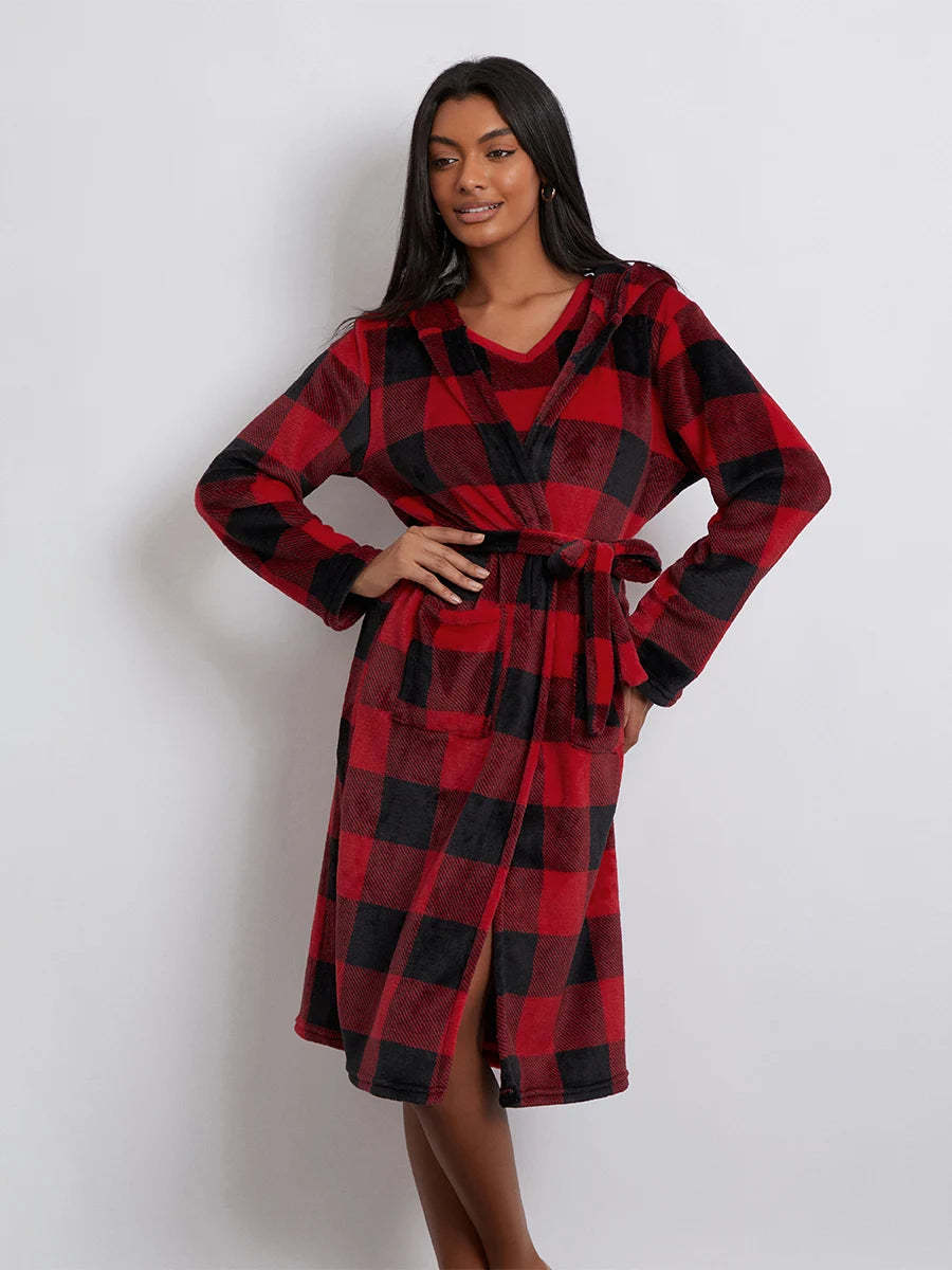 Pajamas- Women 3-Piece Buffalo Plaid Lounge Pajama Set with Robe- - Chuzko Women Clothing