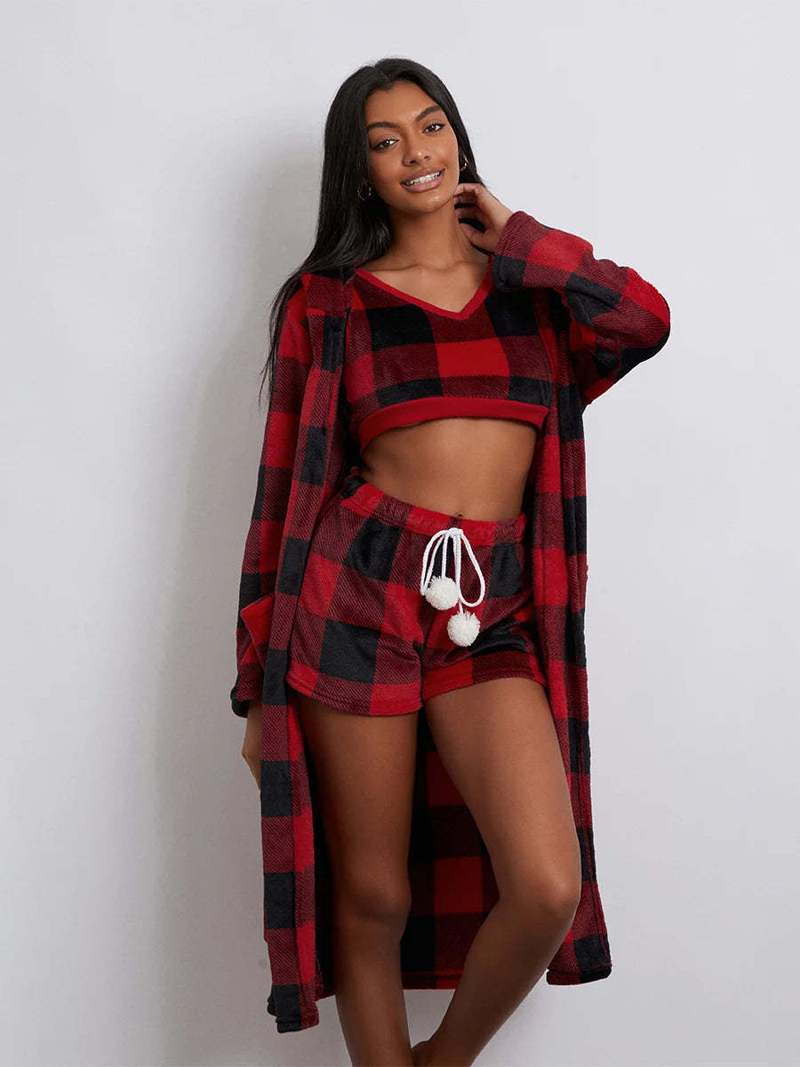 Pajamas- Women 3-Piece Buffalo Plaid Lounge Pajama Set with Robe- - Chuzko Women Clothing