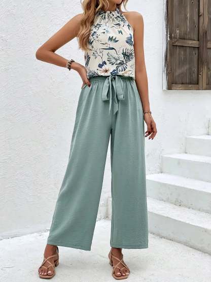 Pants Set- Women Floral Halter & Teal Wide-Leg Pants Set- - Chuzko Women Clothing