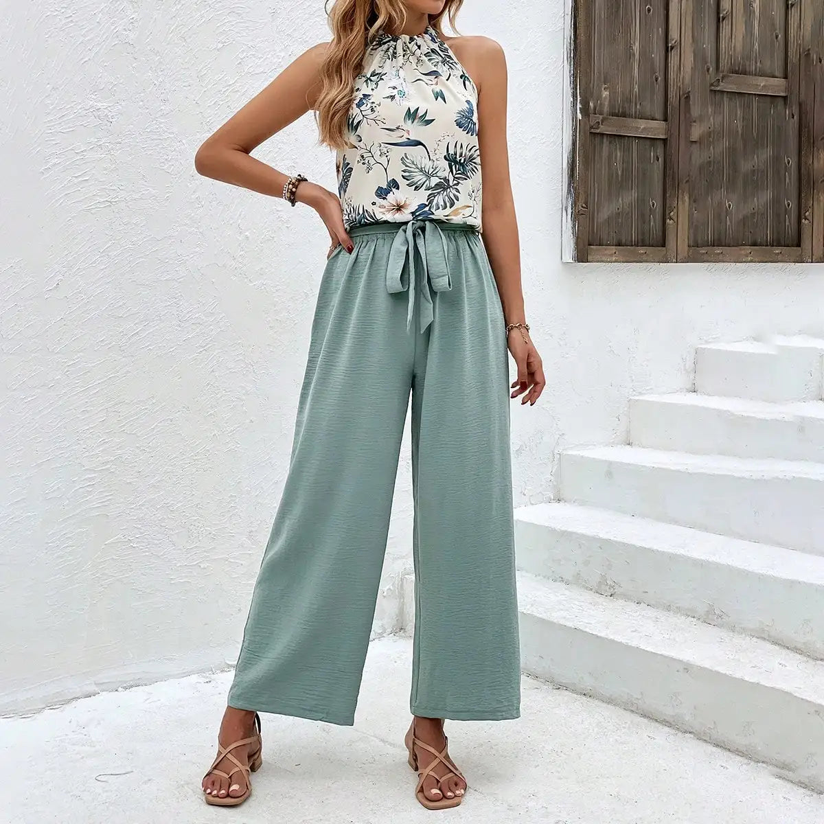 Pants Set- Women Floral Halter & Teal Wide-Leg Pants Set- - Chuzko Women Clothing