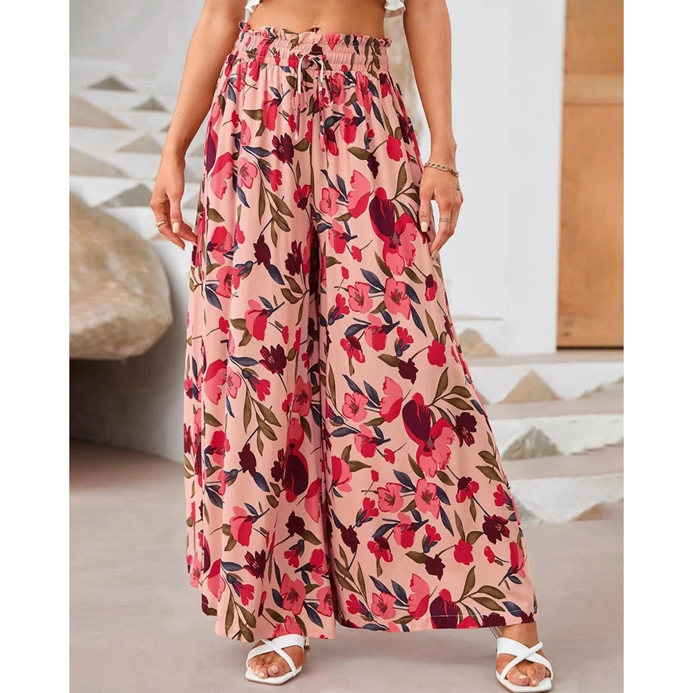 Pants- Spring Style Women's Floral Wide-Leg Smocked Pants- Pink- Chuzko Women Clothing