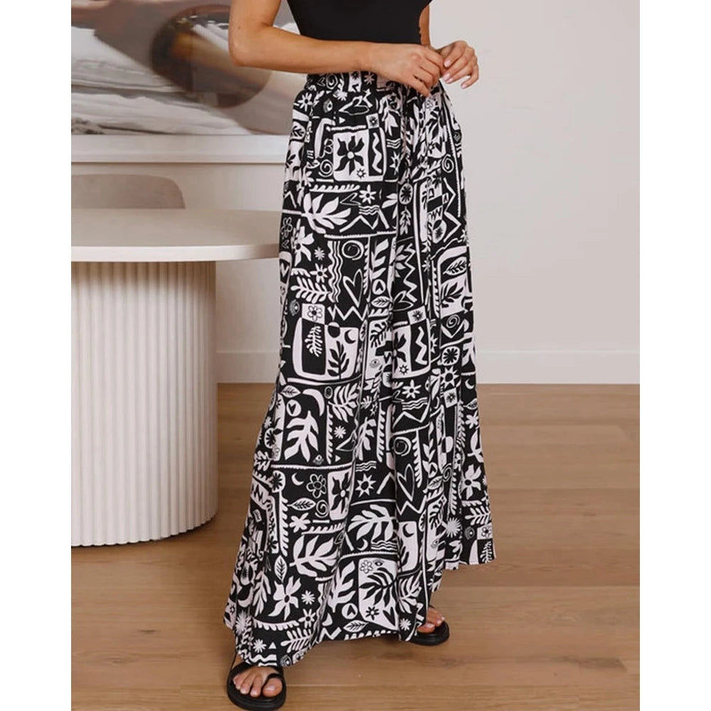 Pants- Spring Style Women's Floral Wide-Leg Smocked Pants- Black- Chuzko Women Clothing