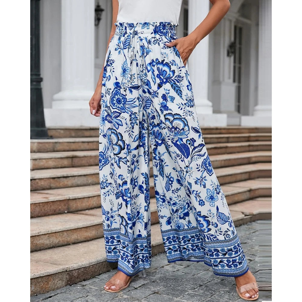 Pants- Spring Style Women's Floral Wide-Leg Smocked Pants- Blue- Chuzko Women Clothing