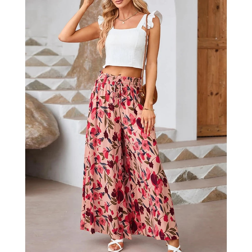 Pants- Spring Style Women's Floral Wide-Leg Smocked Pants- - Chuzko Women Clothing