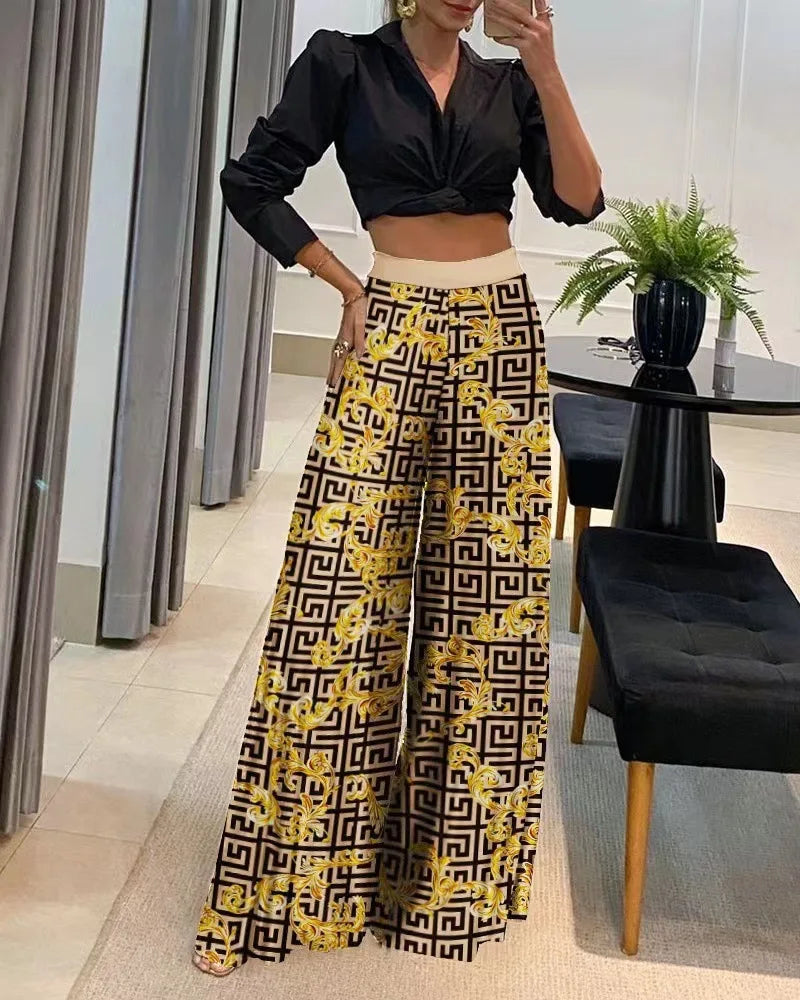 Pants- Women Elegant Printed Palazzo Trousers- Yellow- Chuzko Women Clothing