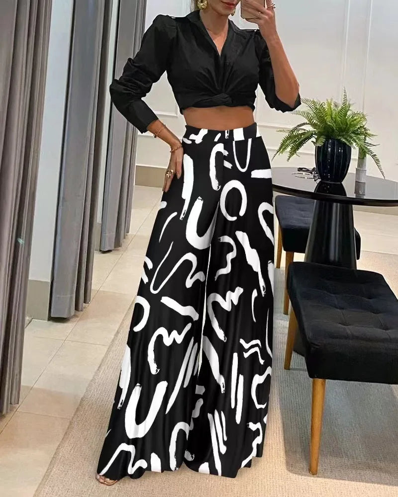 Pants- Women Elegant Printed Palazzo Trousers- Black- Chuzko Women Clothing