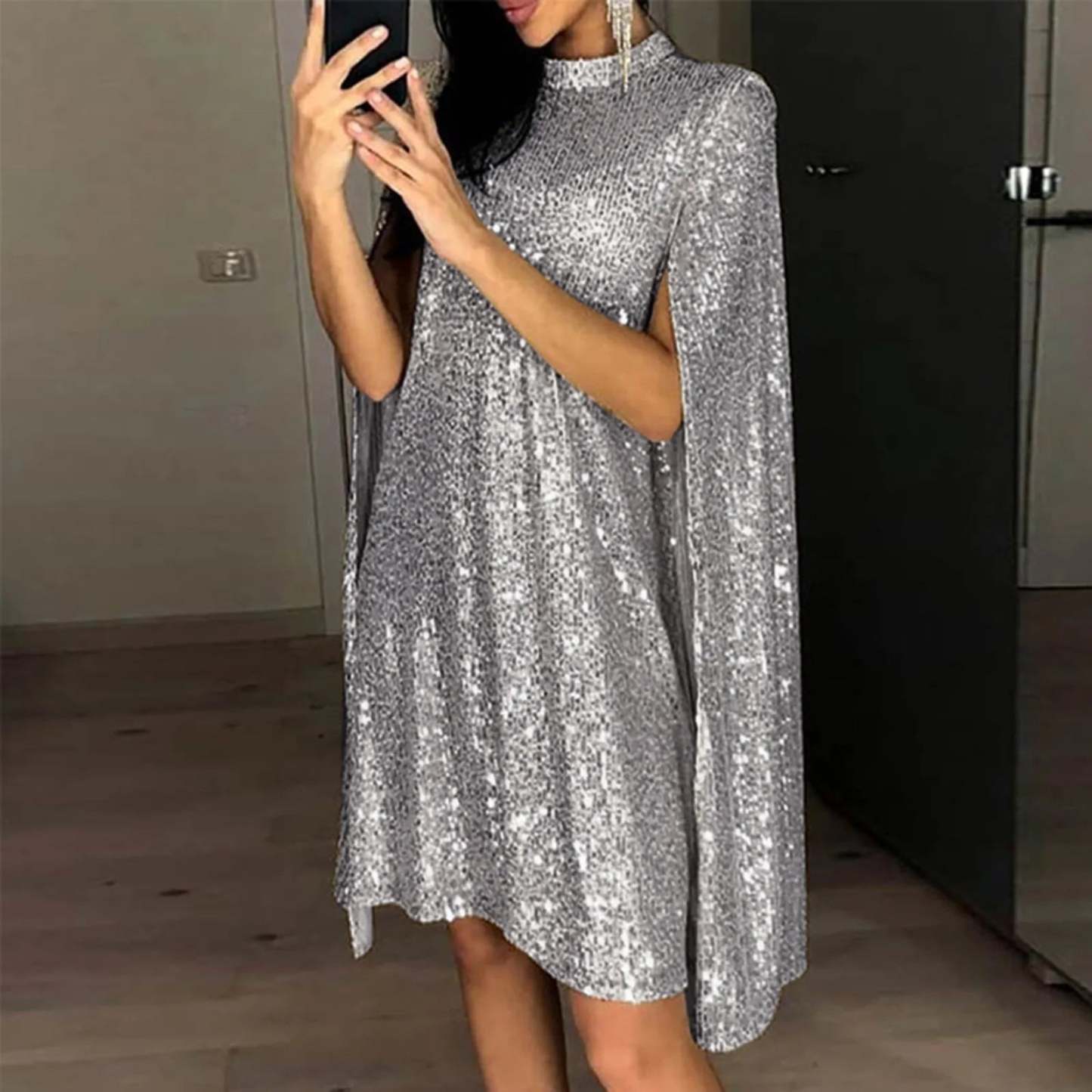 Party Dresses- Cape-like High-Neck Sequin Dress Perfect for Party Season- - Chuzko Women Clothing