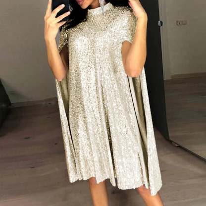 Party Dresses- Cape-like High-Neck Sequin Dress Perfect for Party Season- Gold- Chuzko Women Clothing