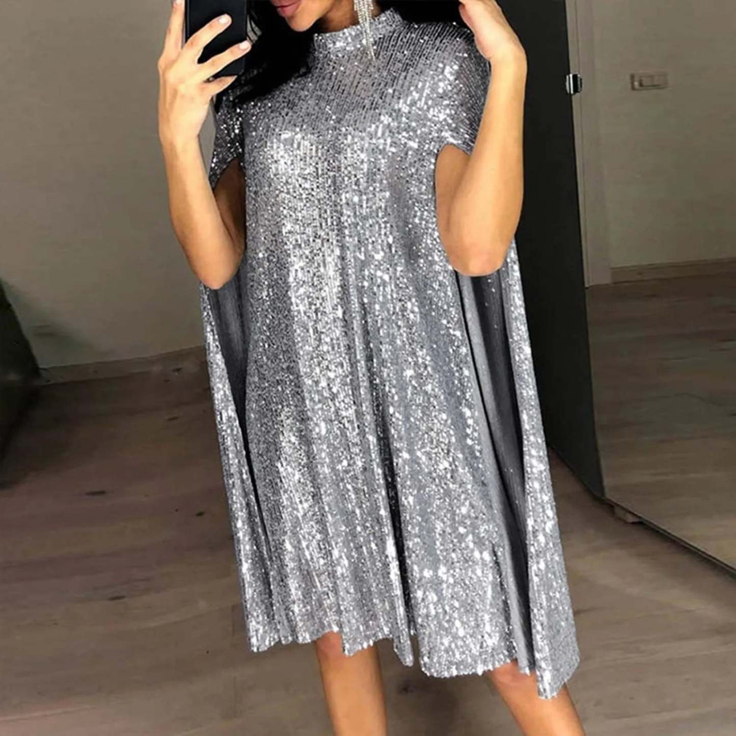 Party Dresses- Cape-like High-Neck Sequin Dress Perfect for Party Season- Silver- Chuzko Women Clothing