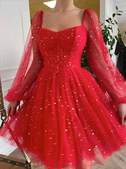 Party Dresses- Starlit Red Mesh Sequined Party Dress for Festive Parties- Red- Chuzko Women Clothing