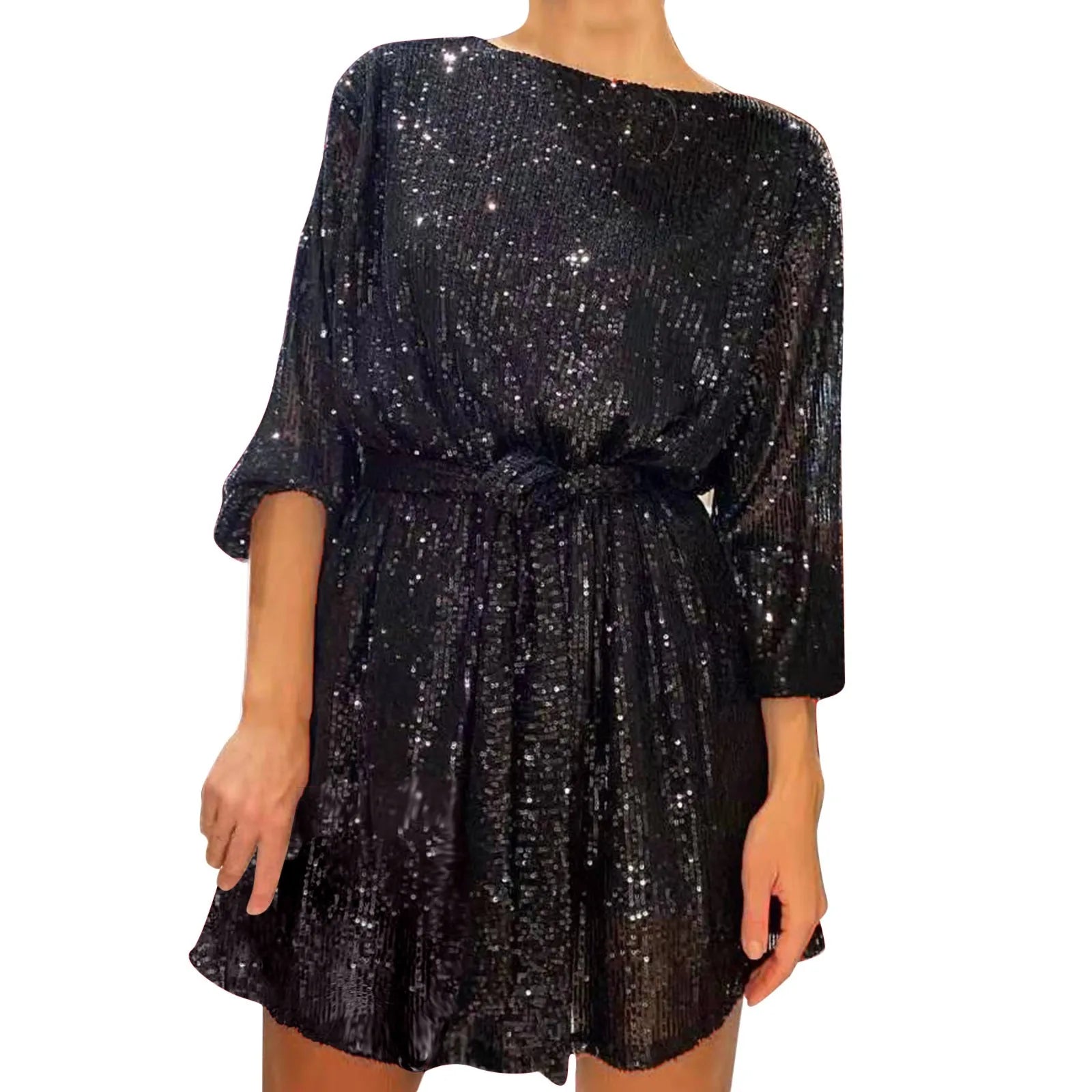 Party Dresses- Women Sequin 3/4 Sleeves Mini Dress for Elegant Evenings- - Chuzko Women Clothing