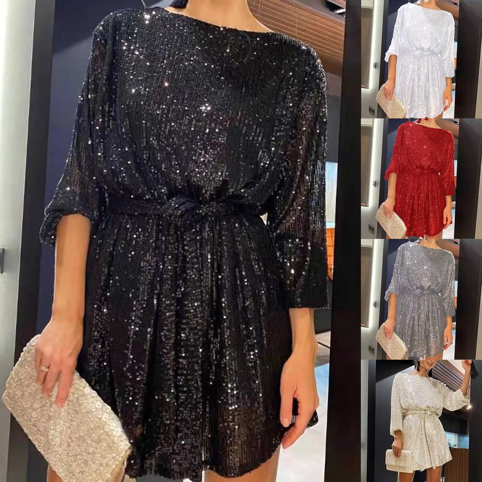 Party Dresses- Women Sequin 3/4 Sleeves Mini Dress for Elegant Evenings- - Chuzko Women Clothing