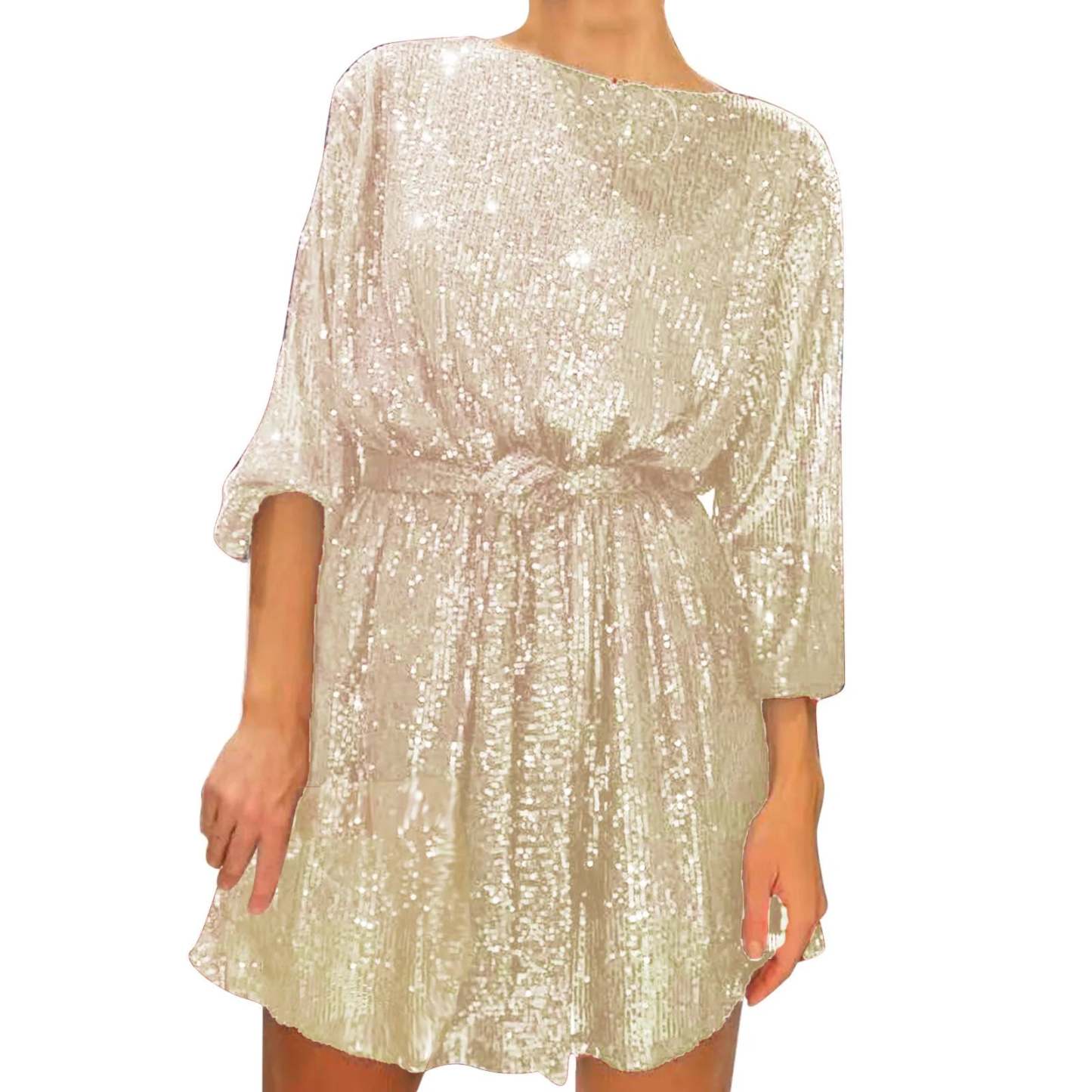 Party Dresses- Women Sequin 3/4 Sleeves Mini Dress for Elegant Evenings- - Chuzko Women Clothing