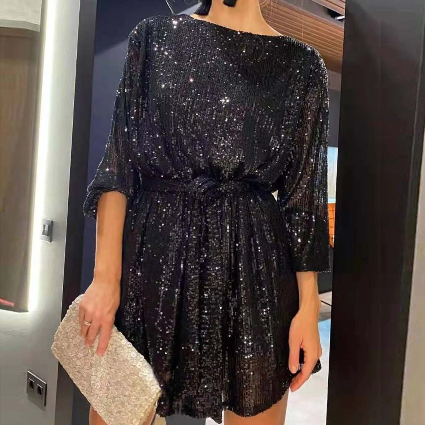 Party Dresses- Women Sequin 3/4 Sleeves Mini Dress for Elegant Evenings- Black- Chuzko Women Clothing