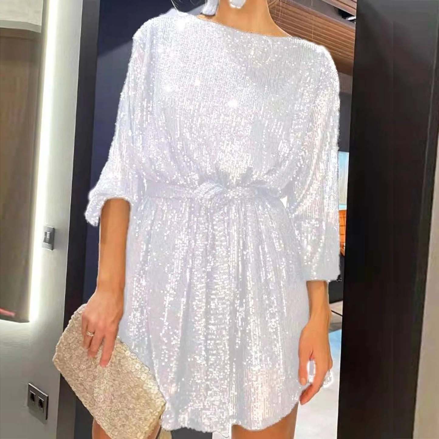 Party Dresses- Women Sequin 3/4 Sleeves Mini Dress for Elegant Evenings- White- Chuzko Women Clothing