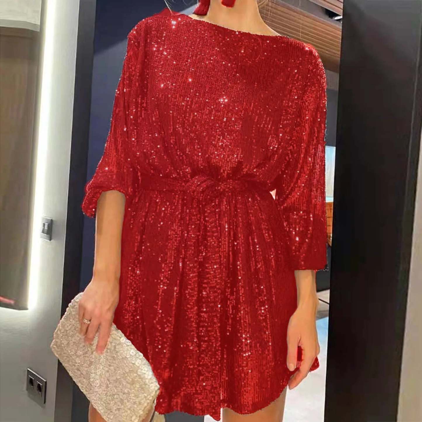 Party Dresses- Women Sequin 3/4 Sleeves Mini Dress for Elegant Evenings- Red- Chuzko Women Clothing