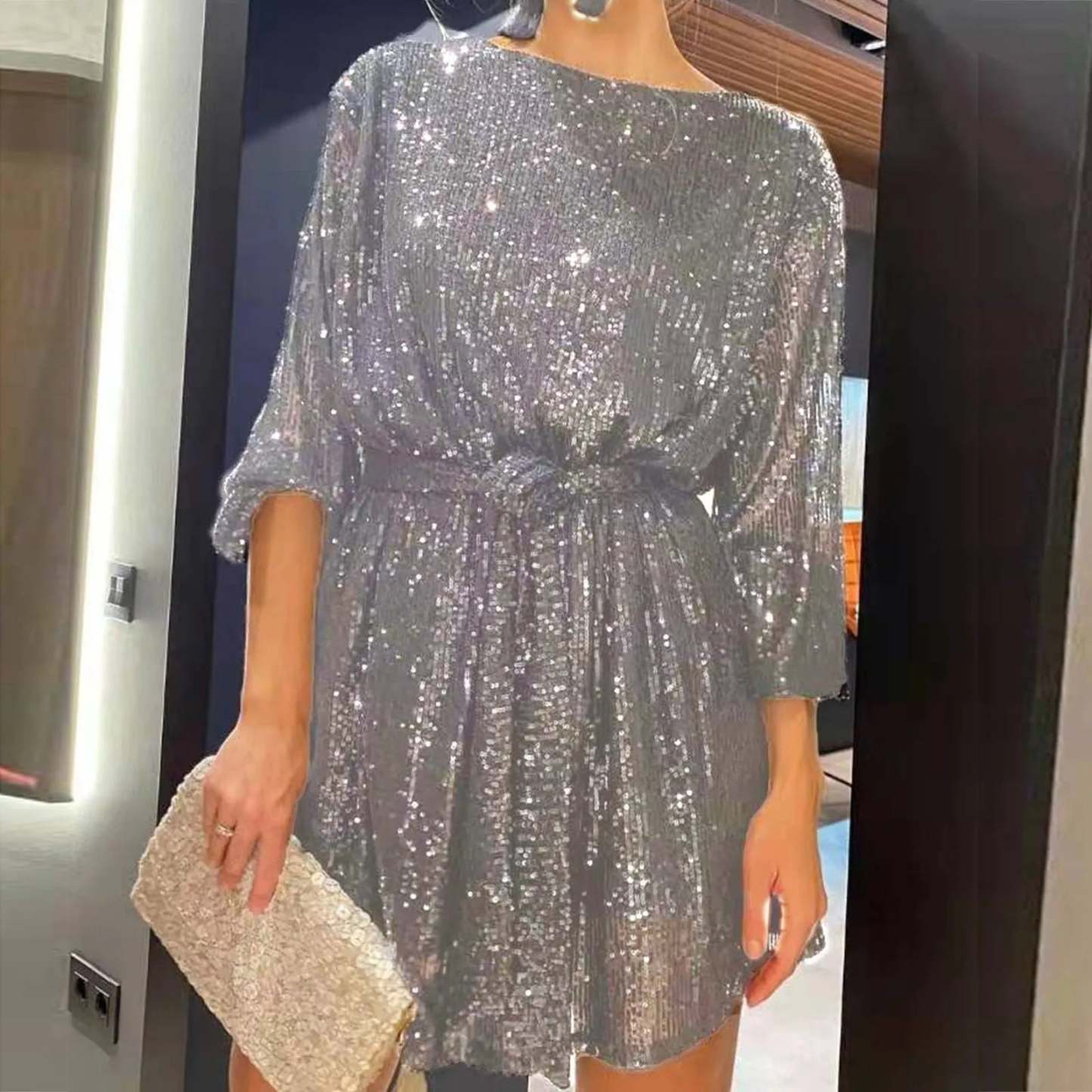 Party Dresses- Women Sequin 3/4 Sleeves Mini Dress for Elegant Evenings- Silver- Chuzko Women Clothing