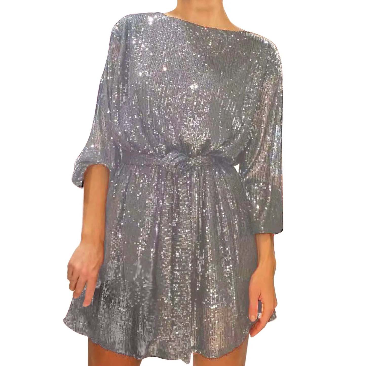 Party Dresses- Women Sequin 3/4 Sleeves Mini Dress for Elegant Evenings- - Chuzko Women Clothing